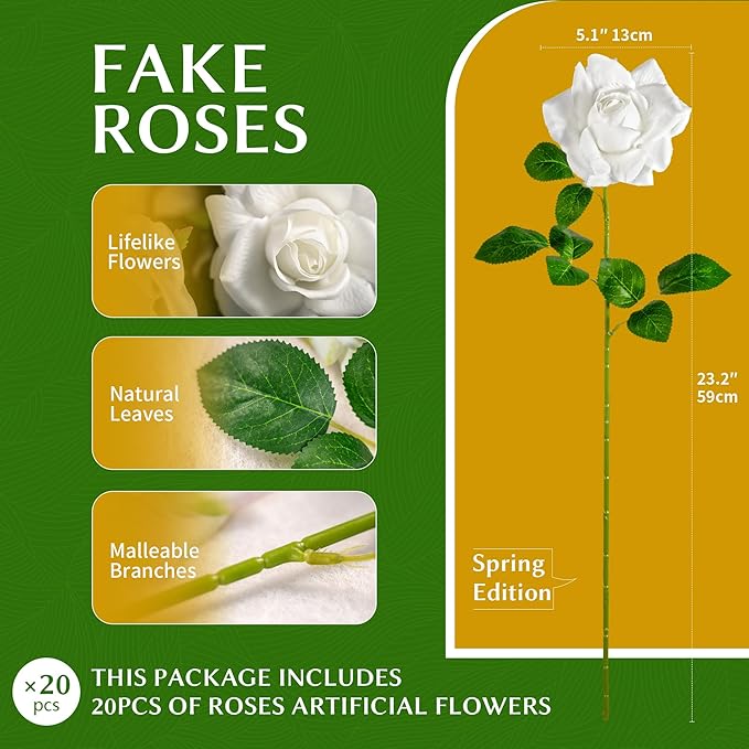 Artificial Flowers Artificial Roses Fake Roses 23.2In Long Stem Artificial Flowers for Tall Vase Silk Rose 20PCS Suitable for Wedding Party Decor Valentine's Day DIY Bouquet Spring,White