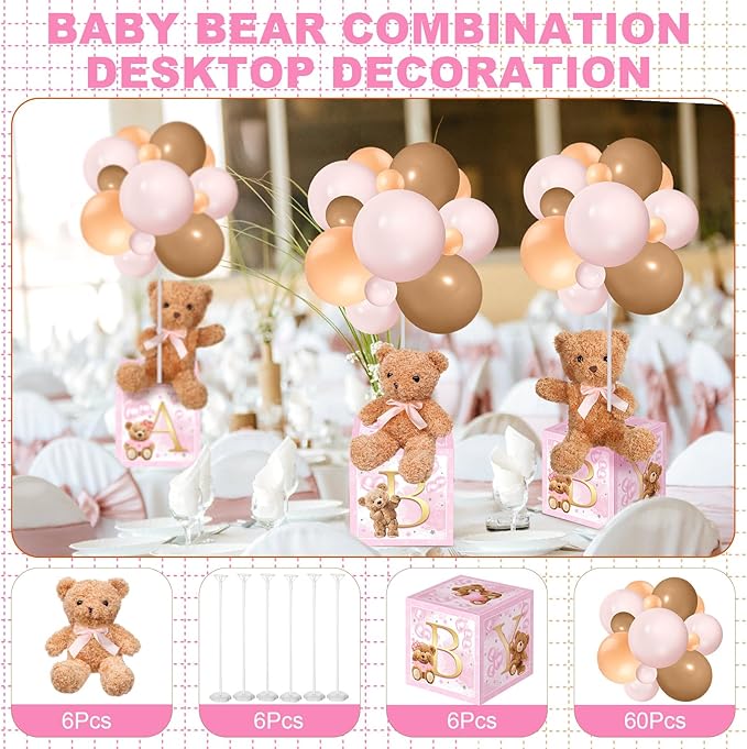 Lenwen 6 Sets Baby Letter Boxes Decorations Table Centerpieces for Baby Shower Gender Reveal,Bear Stuffed Animals Balloon with Stand Plush Toy Boxes for Birthday Party Wedding(Bear,Pink)