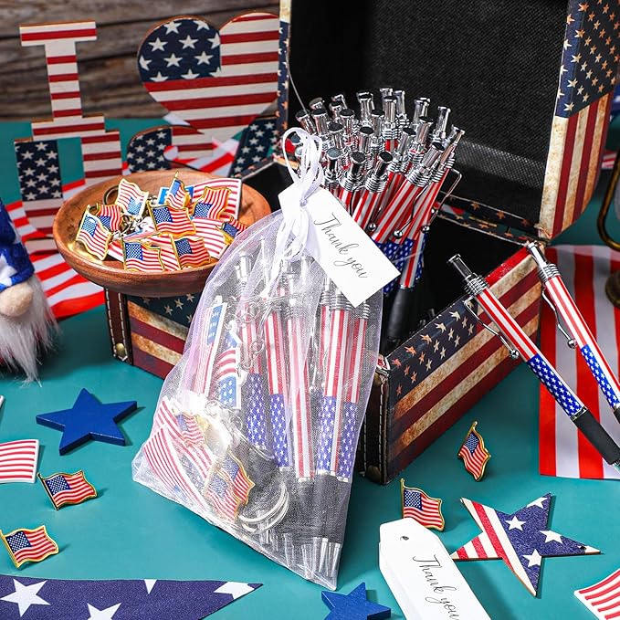 Qilery 250 Pcs Veterans Day Style American Flag Lapel Pins Ballpoint Pen Independence Day Flag Keychains Thank You Card Organza Gift Bag for Home School Office 4th of July Party Supplies