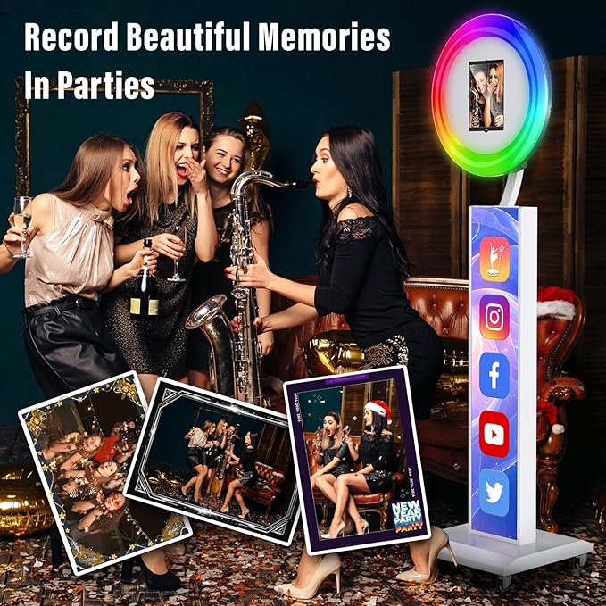 JIYANG Portable Photo Booth Compatible with Any Ipad,Photo Booth Stand Shell with ChackTok PhotoBooth VIP Member and Flight Case,Free Custom Logo,Perfect for Parties,Wedding and Events(White)