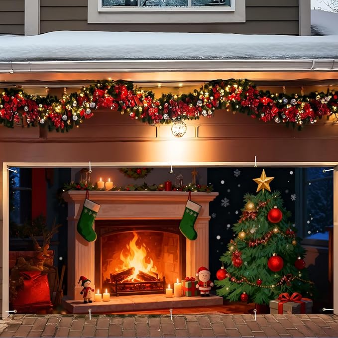 Christmas Garage Door Banner & Cover 7x16FT, Fireplace with Christmas Tree and Stockings, Large Outdoor Xmas Decoration for Garage Doors, Driveways, Winter Parties and Holiday Decor