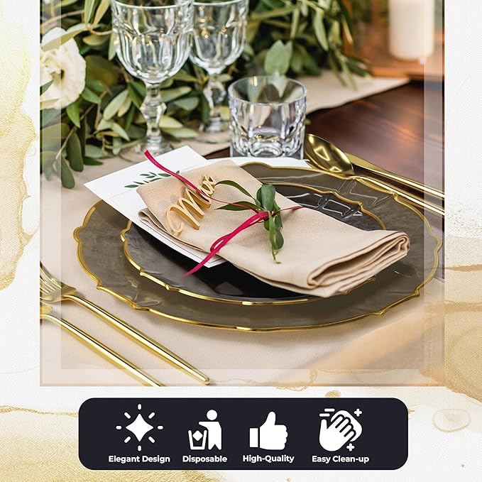 Exquisite Disposable Plastic Plates for Party 80 Piece Fancy Plastic Plates Disposable Plates 40 X 7.5 Dessert Plates disposable & 40 X 10 Thin Delicate Plastic Disposable Plates Black Smoke Gold Rim