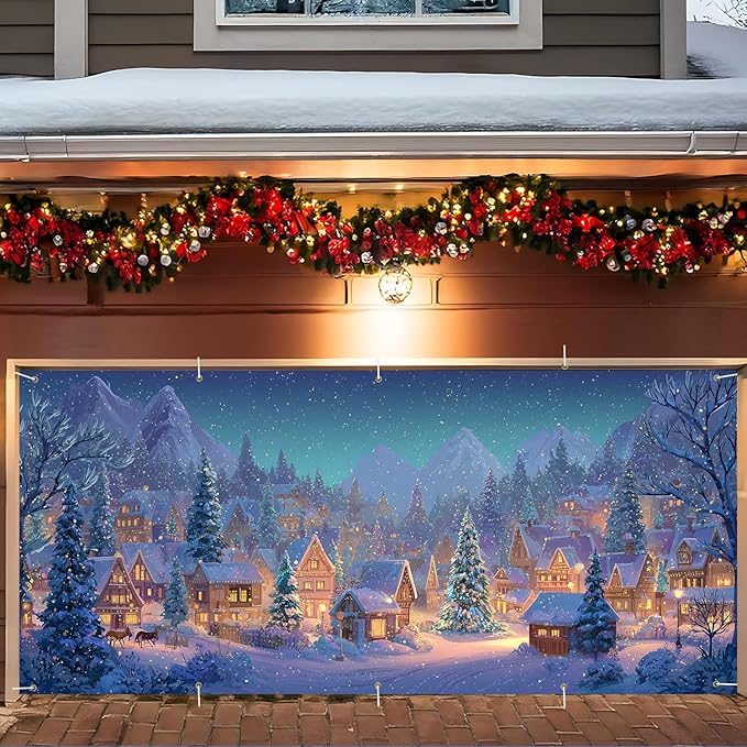 Christmas Garage Door Banner 7x16FT Winter Village Scene, Large Snowy Town Garage Door Cover, Outdoor Xmas Decoration Backdrop for Yard, Driveway & Holiday Parties