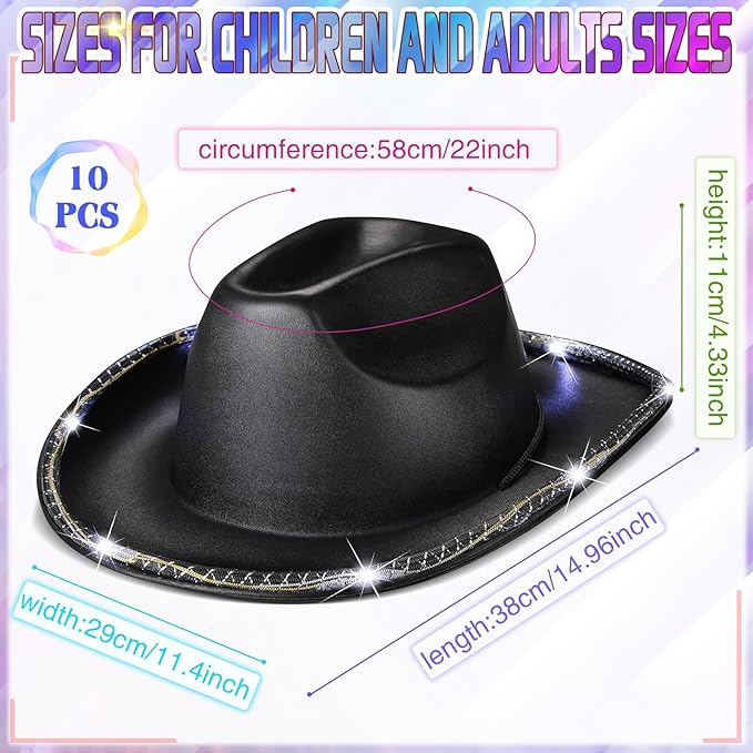 Kigeli 10 Pcs Lights LED Cowboy Cowgirl Hat LED Flashing Hat Cowgirl Hat for Western Cowboy Role Play(Silver,Sequin)