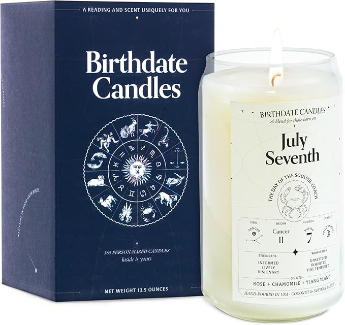 Birthdate Candles, July 7 - Cancer Zodiac Scented Candles Birthday Gift - Rose, Chamomile & Ylang Ylang Scent - All-Natural Soy & Coconut Wax, 60-80 Hour Burn Time - Made in USA