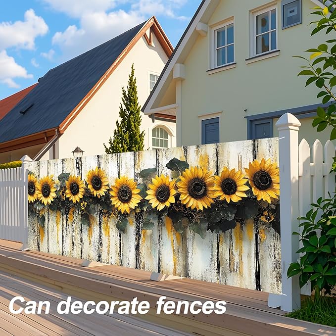 ANNA QUEEN Sunflower Garland Garage Door Banner 6 x 13FT, Rustic Sunflowers with Wooden Fence, Outdoor Spring and Summer Decoration for Garden Parties Home Decor