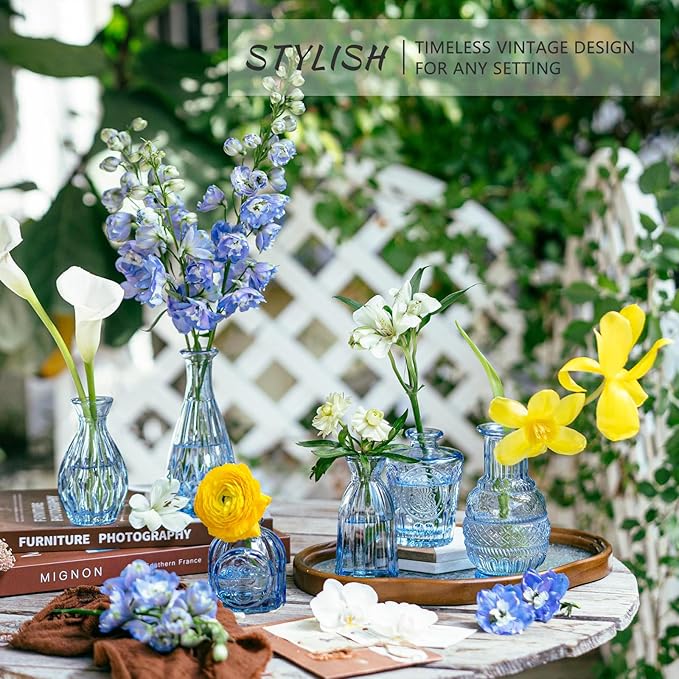 16pcs Glass Bud Vase Set, Small Blue Flower Vases for Centerpieces in Bulk, Mini Vintage Vase for Wedding, Home Decor, Table Decoration