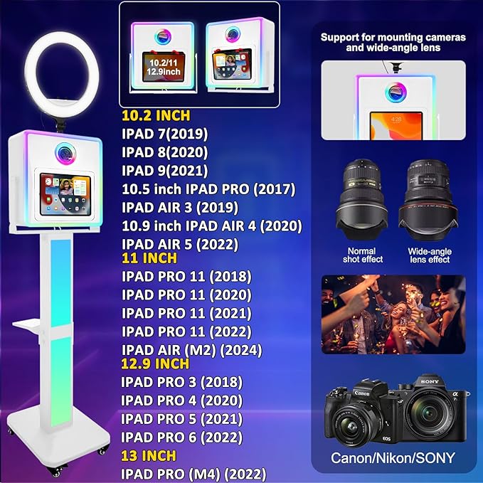 Photo Booth for iPad 10.2" 10.9" 11" 12.9" & Camera,2-in-1 Selfie Station Shell Stand Camera Photobooth Machine,App Control RGB Fill Light,for Parties,Rental Business (White + Flight Case)