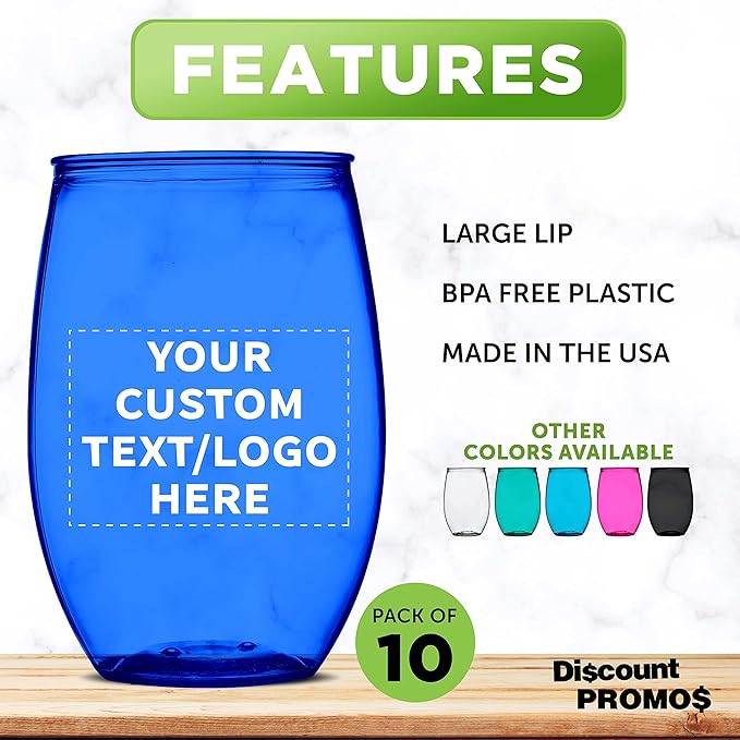 Custom Plastic Stemless Wine Glasses 16 oz. Set of 10, Personalized Bulk Pack - BPA Free, Great for Outdoor Lounges, Poolside, Parties and Other Events - Blue
