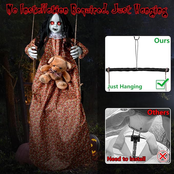 3.75 Ft Halloween Decorations Animatronics Hanging Swinging Girl with Creepy Sound/Light Up Eyes/Scary Expression, Creepy Doll Hanging Ghosts Haunted House Holiday Decor Prop for Indoor Outdoor
