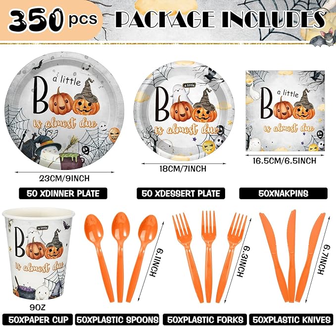 Dandat 350 Pcs Baby Shower Plates Set Baby Shower Party Supplies Serves 50 Tableware Sets Include Plates Napkin Cup Forks Knives Spoons Disposable Dinnerware(Boo,Orange)