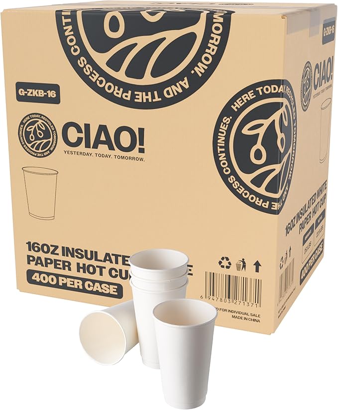 CIAO! 16 oz Insulated Double Wall White Paper Hot Cup, 90mm Diameter, 400 Count