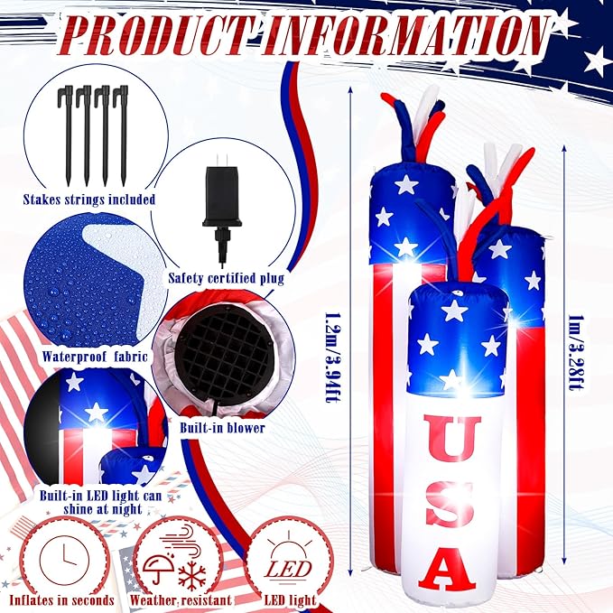 VIHOSE 4 ft 4th of July Inflatables Decoration 250th Birthday Patriotic Blow up Firecracker Independence Inflatable with Build-in LED for Party Indoor Outdoor Lawn Garden Decor