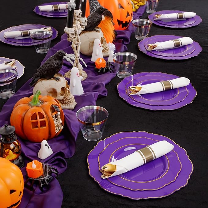 Liacere 175PCS Purple Plastic Plates-Disposable Purple and Gold - 25 guest Baroque Plastic Dinnerware include 50Plates,25Pack Pre Rolled Napkins with Silverware 25Cups for Wedding