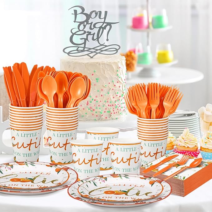 Dandat 350 Pcs Baby Shower Plates Set Baby Shower Party Supplies Serves 50 Tableware Sets Include Plates Napkin Cup Forks Knives Spoons Disposable Dinnerware(Little Cutie,Orange)