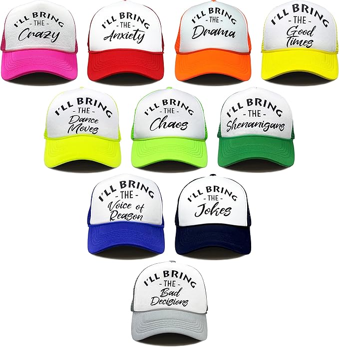 Funky Junque Women's Funny Trucker Hats: Adult Humor for Bachelorette & Girls Trips, Groups 3-25, Mesh Hat - I'll Bring The's