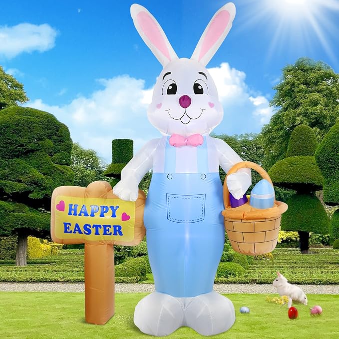 DomKom 8 FT Giant Easter Inflatable Bunny Outdoor Decorations, with Colorful Eggs Basket, Build-in LEDs Happy Easter Blow Up Yard Decorations for Party, Outdoor, Garden, Yard Lawn Décor