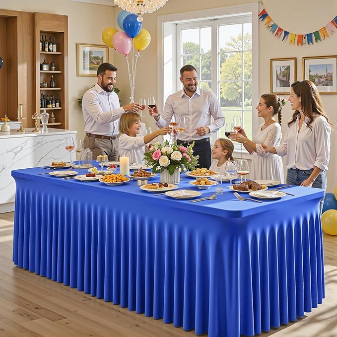6 Packs Royal Blue Table Clothes for 6 Foot Rectangle Tables, One-Piece Wrinkle Resistant Stretch Spandex Table Covers with Skirt for Event Banquet Wedding Birthday Party