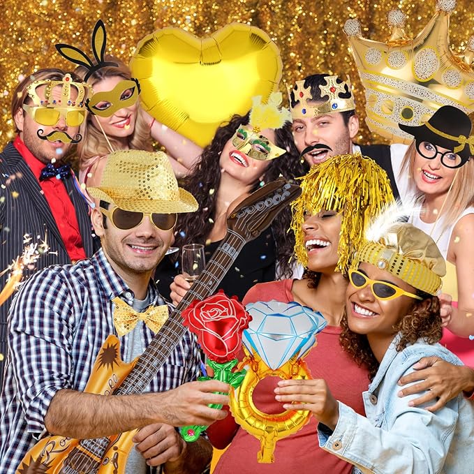 Bulk Gold Party Photo Booth Props Set for Adult, Funny Golden Photo Booth Glasses Hats Wig Props, Fun Party Pack Photo Booth Props Kit for New Year Party, Graduation, Birthday, Wedding, Bachelorette