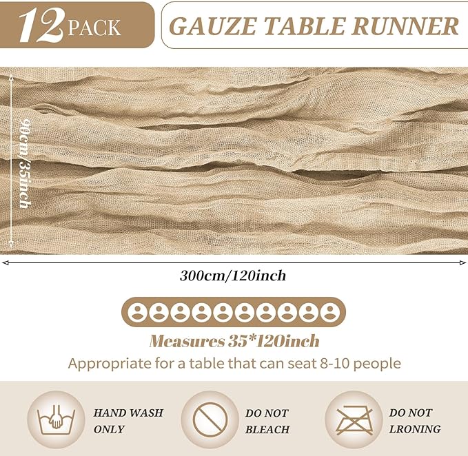 12 Pack Cheesecloth Table Runner 35 x 120 inch Long Boho Cheese Cloth Gauze Table Runners Semi Sheer Table Runner for Wedding Decor, Bridal Shower, Birthday Party (Beige)