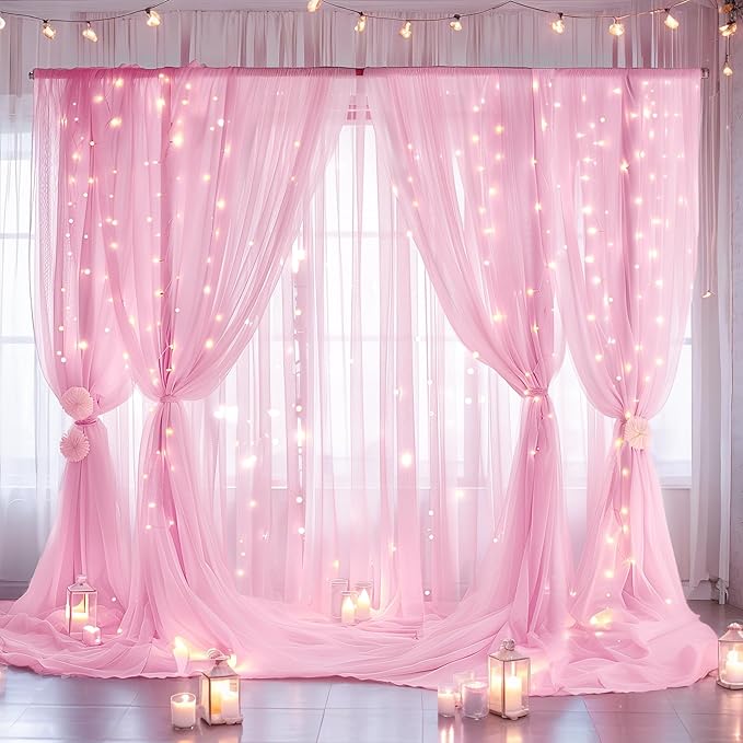 20ft x 10ft Pink Backdrop Curtain with Lights String for Parties, Sheer Tulle Wedding Photo Backdrops Drapes for Baby Shower Birthday Party Decorations Background for Photography