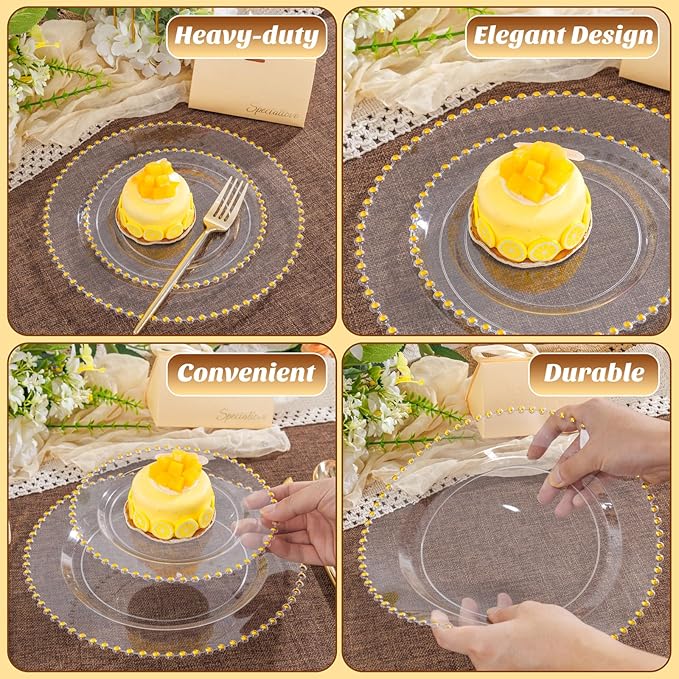 LIYH 150 Pcs Clear and Gold Plastic Plates - Elegant Disposable Gold Plastic Dinnerware set Include Dinner & Dessert Plates for Birthday Party Wedding 30 Guests