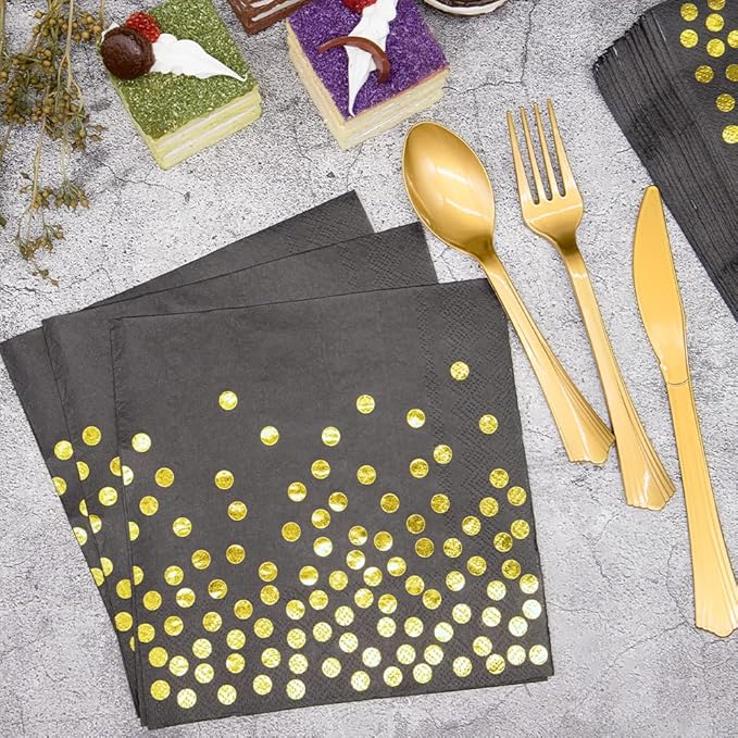 2026 New Years Decorations, 350PCS Black and Gold Party Supplies Disposable Dinnerware Set w/Black Gold Dot Paper Plates Napkins Cups Gold Plastic Fork Knives Spoon for Women Men Birthday Anniversary