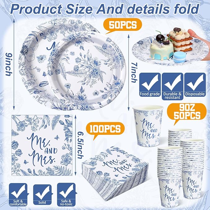 Zhehao 250 Pcs Mr. and Mrs. Bridal Shower Plates Napkins Sets 50 Pcs 9'' Dinner Plates and 7'' Dessert Plate and 9oz Cups 100 Napkins Serves 50 Party Supplies Bridal Shower Engagement Decoration