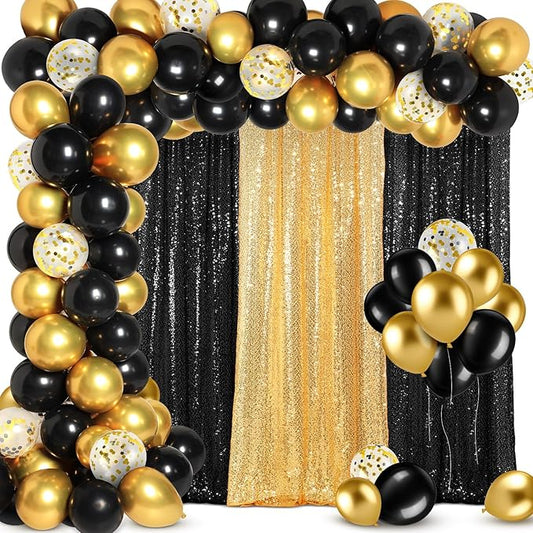 137 Pcs Black Gold Party Backdrop Kits - 4 Sequin Backdrop Curtain 133 Balloon Garland Kit Photo Prop Background for Graduation Birthday Anniversary Weeding Party Decoration