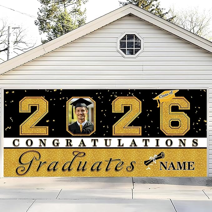 Custom Graduation Garage Door Banner Decoration 7x16ft with Photo Congrats Garage Door Cover 2026 Party Photo Booth Backdrop Party Supplies(Gold)