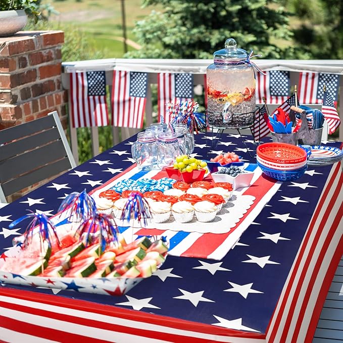 Oudain 2 Pcs Memorial Day Star Stretch Table Cover 6 Feet Patriotic Red White and Blue Spandex Table Clothes American Star Party Decorations for Independence Day Veterans Events Party Celebration