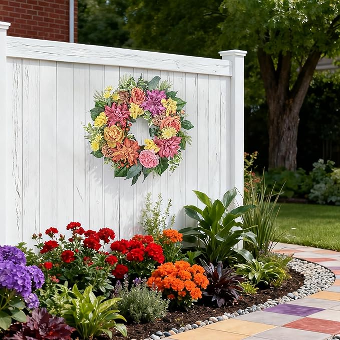 24 Inch Spring Wreath for Front Door with Roses Dahlias Silk Flowers with Berry Greenery for All Seasons Indoor Outdoor Porch Wedding Wall Farmhouse Porch Wall Living Room Home Widding Decor