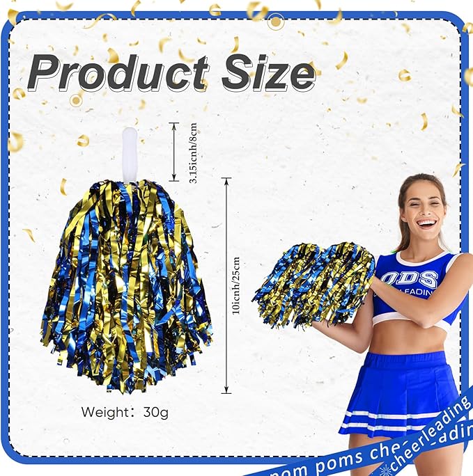 Hanaive 100Pcs Metallic Cheerleading Pom Poms with Baton Handle Cheerleader Pompom Foil 30g Cheering Squad Hand Flowers for Adults Team Spirit Sports Party Cheering