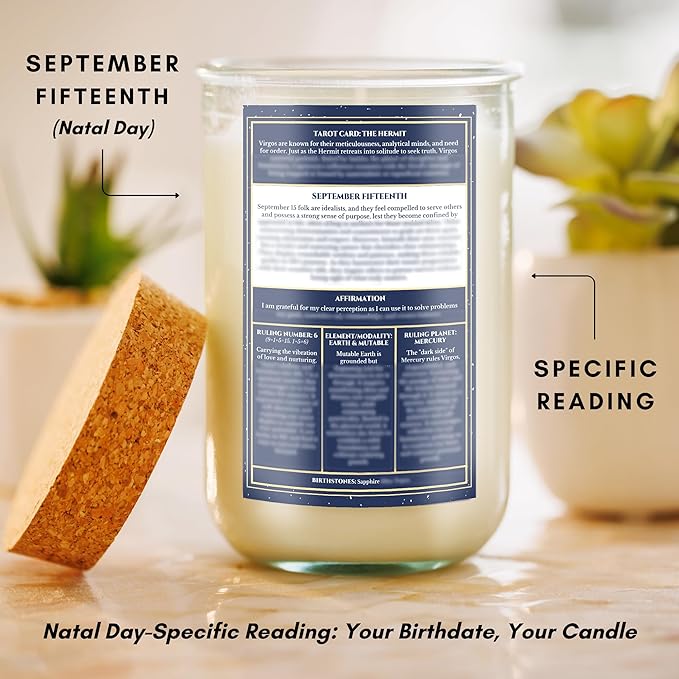 Birthday Candles - Custom Birthdate Astrological Zodiac Scented Candles. Astrology Gifts. All Natural Soy Wax. 75+ Hour Burn Time. Made in USA - September 15