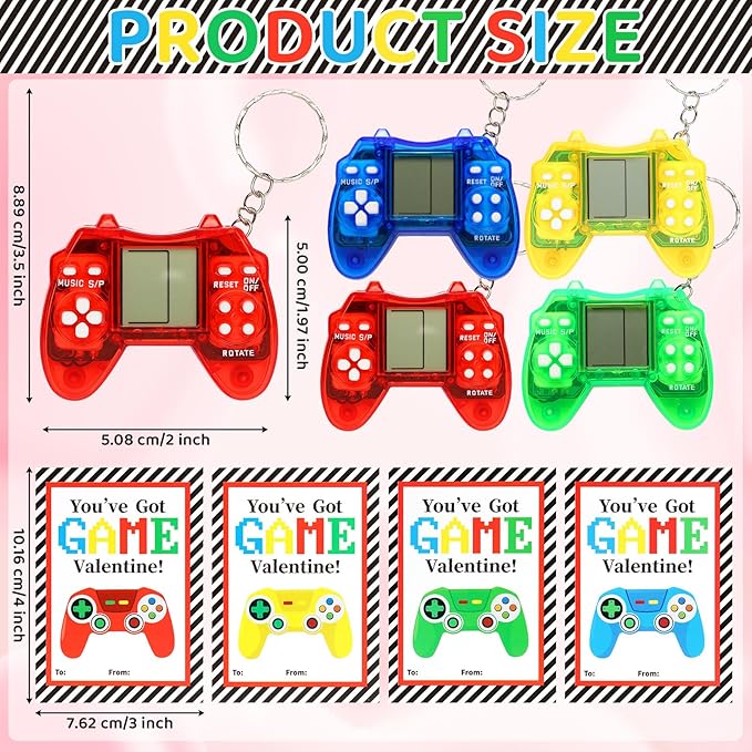 LiYiQ 24 PCS Valentines Day Gifts Cards with Video Game Keychain for Classroom, Video Games Keychains with Gift Cards, Valentine Stuffers Classroom Exchange Party Favors Gift