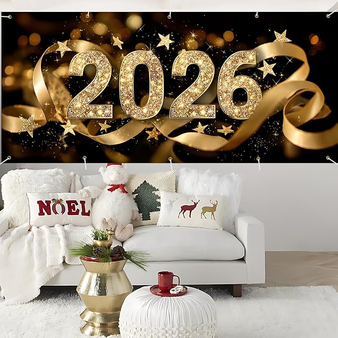 2026 New Year Garage Door Banner 7x16FT, Gold Glitter 2026 Garage Door Cover, Large Outdoor Happy New Year Decoration Backdrop for Garage Doors, Fence, Yard Party