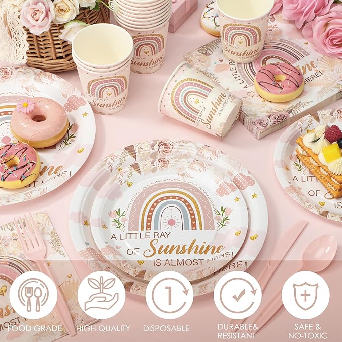 Dandat 350 Pcs Baby Shower Party Supplies Serves 50 Tableware Sets Include Plates Napkin Cup Forks Knives Spoons Disposable Dinnerware (Boho Style,Pink)