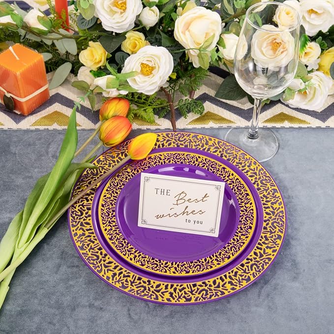U-QE 150PCS Purple Gold Plastic Plates with Gold Silverware, Gold Plastic Plates for Party & Wedding Include 30 Dinner Plates 10.25", 30 Salad Plates 7.5", 30 Forks, 30 Knives, 30 Spoons