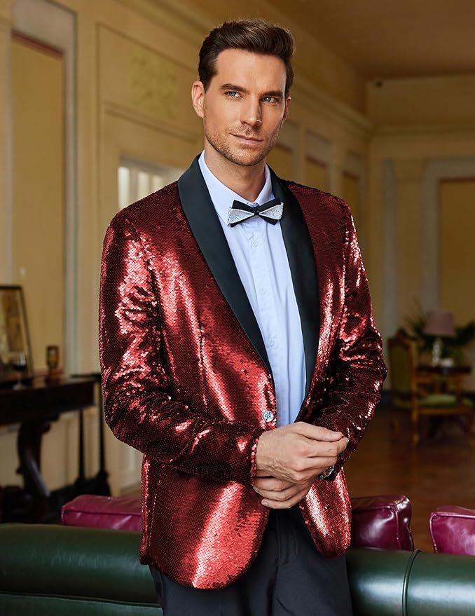 COOFANDY Mens Shiny Sequin Blazer Tuxedo Party Dinner Prom One Button Suit Jacket