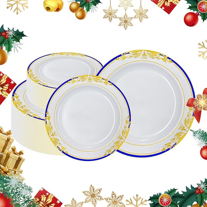 MENDENG 100Pcs Disposable Plastic Plates for Party, 50x7.5Inch & 50x10.25Inch Elegant Fancy Plastic Wedding Plates Disposable, Heavy Duty Dessert Party Dinner Plates