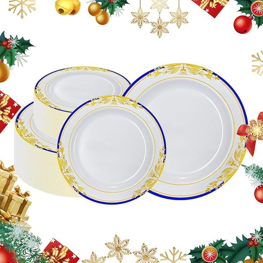 MENDENG 100Pcs Disposable Plastic Plates for Party, 50x7.5Inch & 50x10.25Inch Elegant Fancy Plastic Wedding Plates Disposable, Heavy Duty Dessert Party Dinner Plates