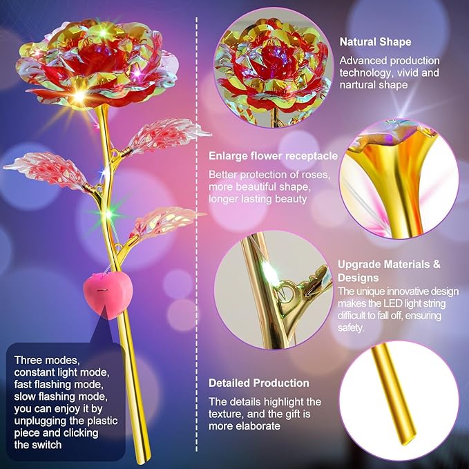 Lyrow 24 Pcs Valentines Galaxy Rose LED Light up Rose Flower Gifts Crystal Artificial Rainbow Flower for Valentine Lover Girlfriend Mom Her Mother's Day Birthday Wedding Gift, 9.84 Inches (Red)