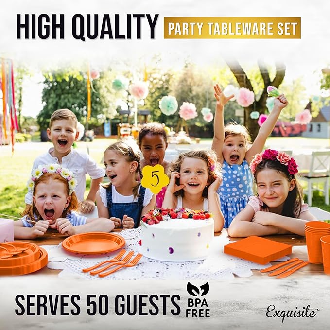 Party Solids 350 Pieces Orange Plastic Plates For Party, Orange Disposable Plates Set, 50 Of Each 9" Dinner Plate Set, 7" Dessert Plate, Cups, Napkins & Cutlery Plastic Dinnerware