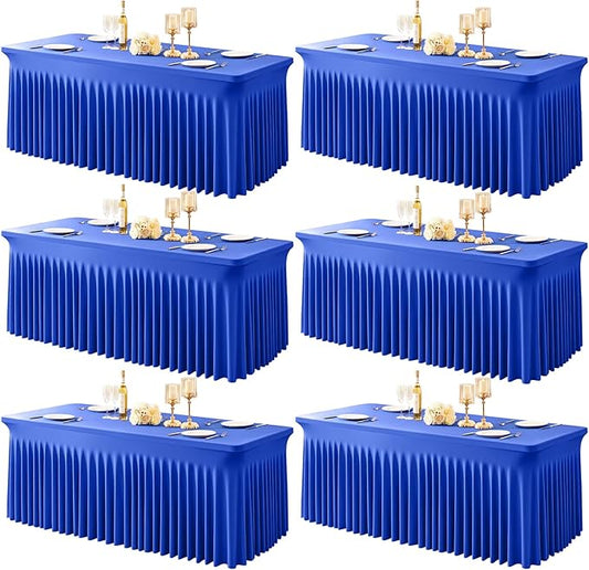 6 Packs Royal Blue Table Clothes for 8 Foot Rectangle Tables, One-Piece Wrinkle Resistant Stretch Spandex Table Covers with Skirt for Event Banquet Wedding Birthday Party