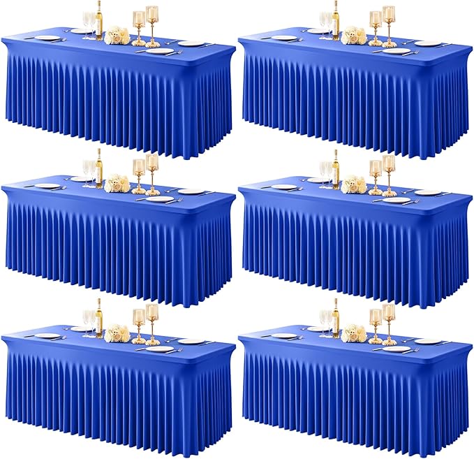 6 Packs Royal Blue Table Clothes for 6 Foot Rectangle Tables, One-Piece Wrinkle Resistant Stretch Spandex Table Covers with Skirt for Event Banquet Wedding Birthday Party