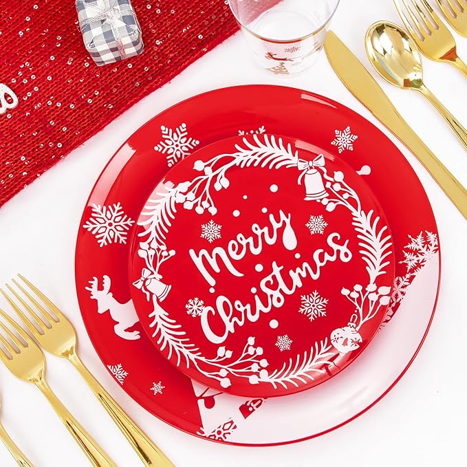 LIYH 150 Pcs Plastic Christmas Dinnerware Set, Red Christmas Plates with Reindeer Design, Gold Plastic Silverware, Xmas Gold Cups, Festive Holiday Tableware Party Supplies