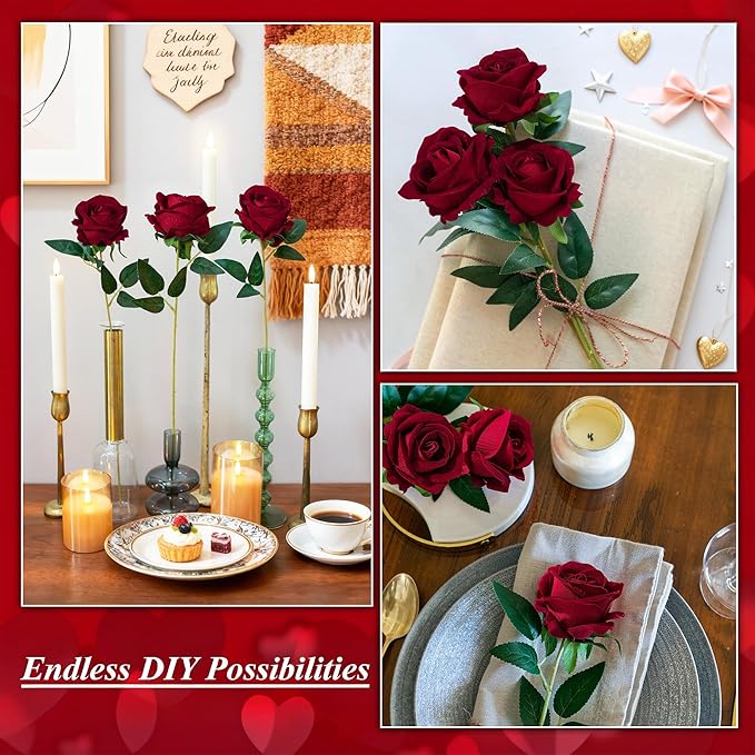 50 PCS Burgundy Roses Artificial Flowers, Fake Roses with Stem Realistic Silk Roses for DIY Wedding Bouquets Table Centerpieces Arrangements Baby Shower Birthday Home Decor Valentines Day Gift for Her