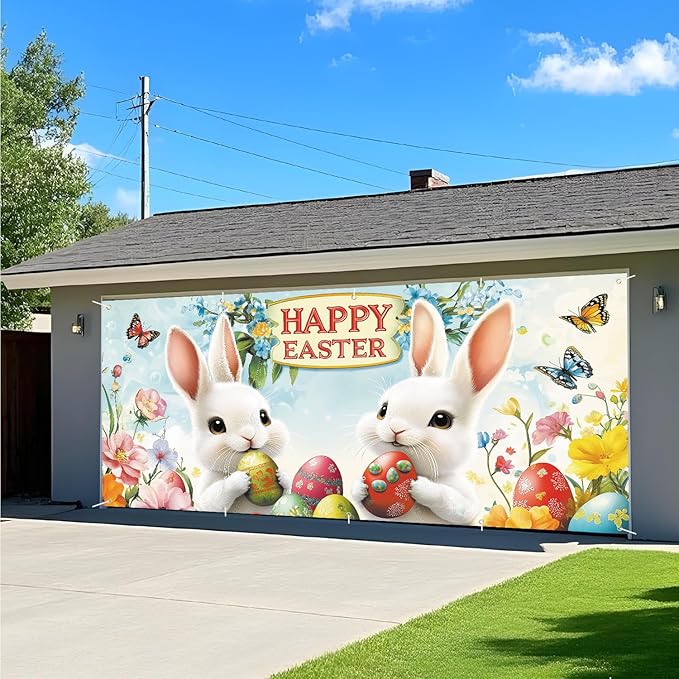 Happy Easter Garage Door Banner 7x16FT, Cute Bunny & Easter Eggs Garage Door Cover, Outdoor Spring Holiday Decoration for Garage, Front Yard, and Parties