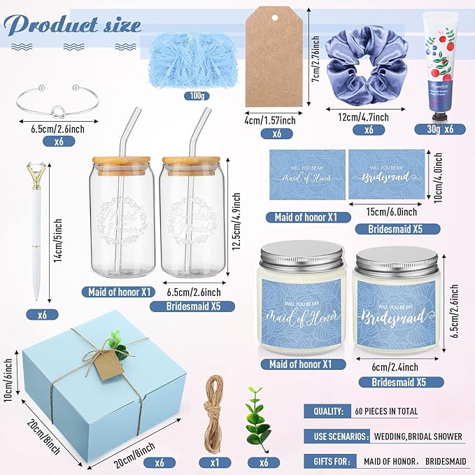 60 Pcs Bridesmaid Proposal Gifts Bridesmaid Box Set, Maid of Honor Gifts Include Box Glass Cup Candle Cards Scrunchies Hair Knotted Bracelets Hand Cream Diamond Pens(Blue)