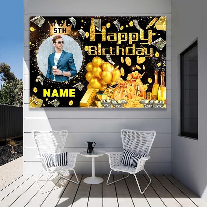 Custom Dollar Money Black and Gold Happy Birthday Party Decorations Supplies Personalized Dollar Money Black and Gold Birthday Backdrop Banner(5x7.5ft)